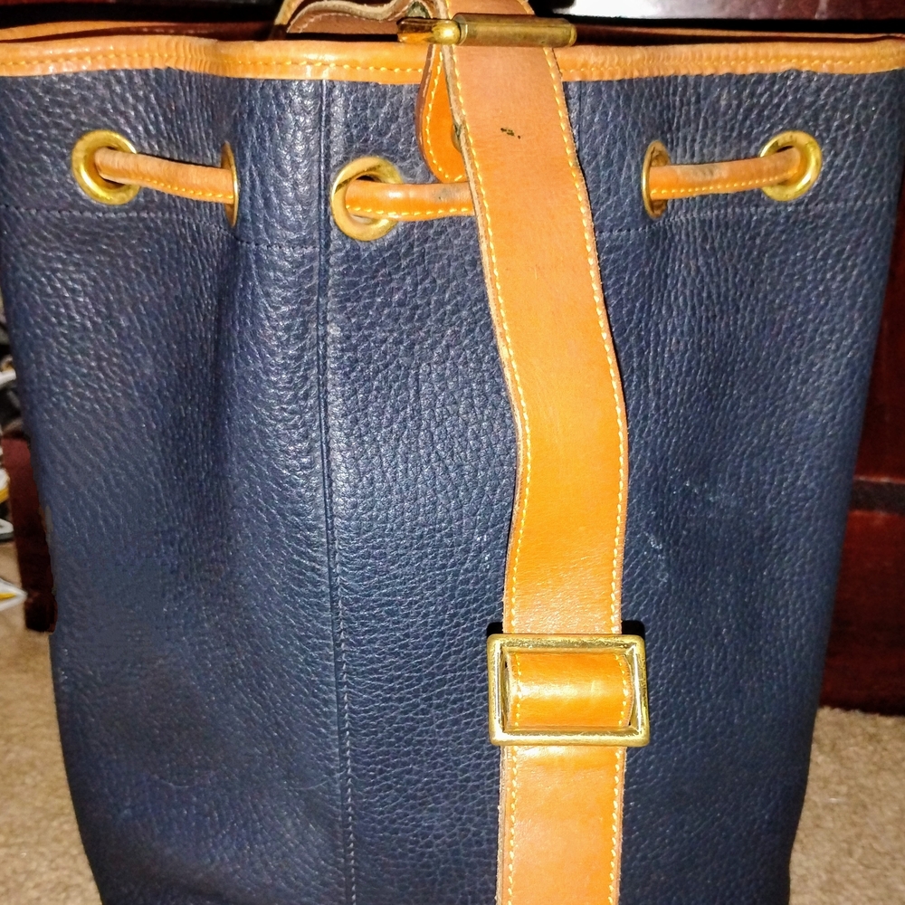 Dooney & Bourke Navy and Tan Leather Drawstring Bucket Bag - Picture 3 of 6
